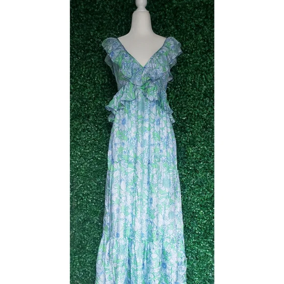 71. J.Crew Collection ruffle-trim cutout maxi dress in lime floral - Picture 5 of 12